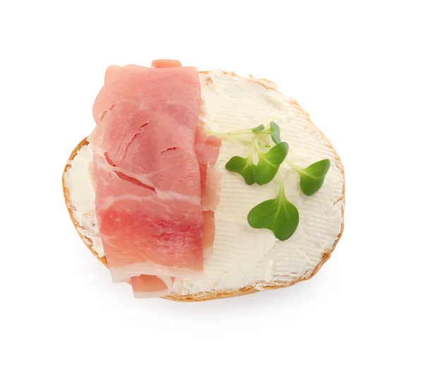 Delicioso Sándwich Con Queso Crema Jamón Microverde Aislado Blanco Vista — Foto de Stock
