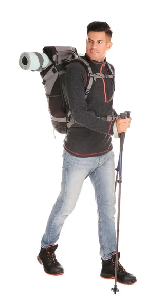 Escursionista Maschio Con Zaino Bastoncini Trekking Sfondo Bianco — Foto Stock