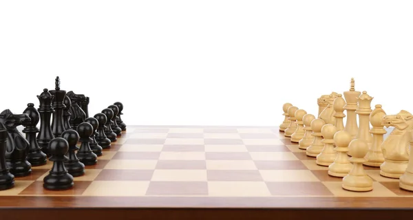 Chess Pieces Wooden Board White Background — Stock Photo, Image