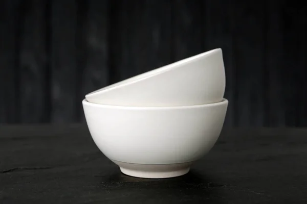 Stylish Empty Ceramic Bowls Black Table Cooking Utensils — Stock Photo, Image