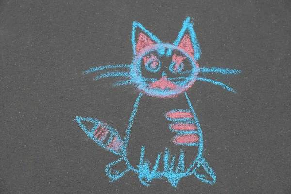 Desenho Giz Criança Gato Asfalto Vista Superior — Fotografia de Stock