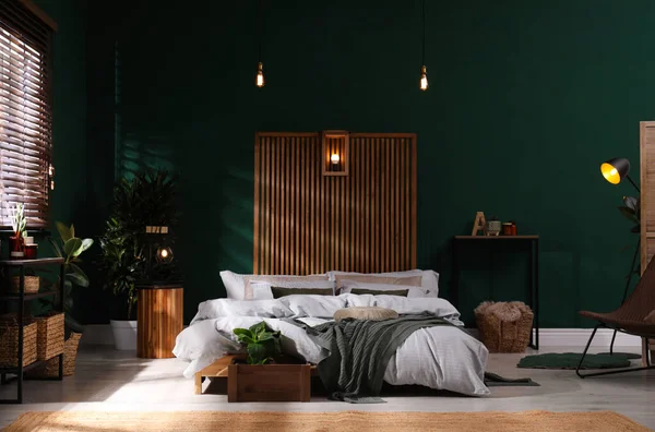 Geniş konforlu yatağı ve saksısı olan şık bir iç mekan.