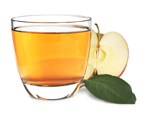 Glass Delicious Cider Piece Ripe Apple Leaf White Background — Stock Photo, Image