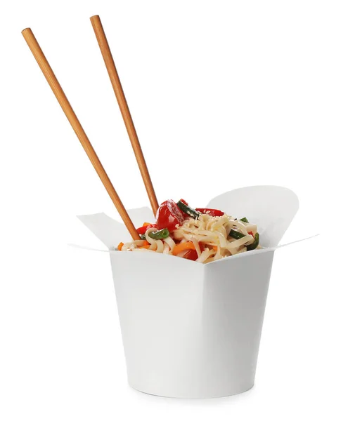 Box Vegetarian Wok Noodles Chopsticks Isolated White — Stock Photo, Image
