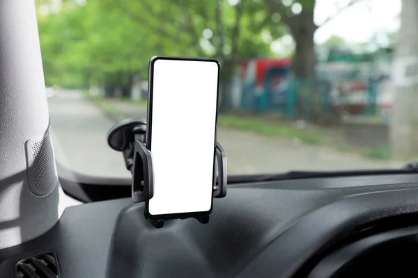 Pemegang Mobil Dengan Ponsel Modern Kaca Depan Mobil Mockup Untuk — Stok Foto