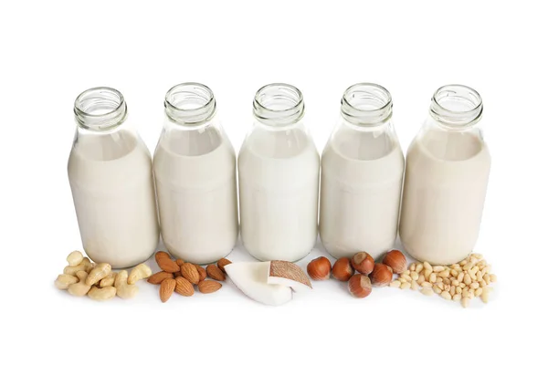 Veganistische Melk Verschillende Noten Witte Achtergrond — Stockfoto
