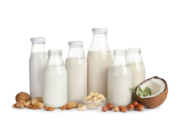 Veganistische Melk Verschillende Noten Witte Achtergrond — Stockfoto