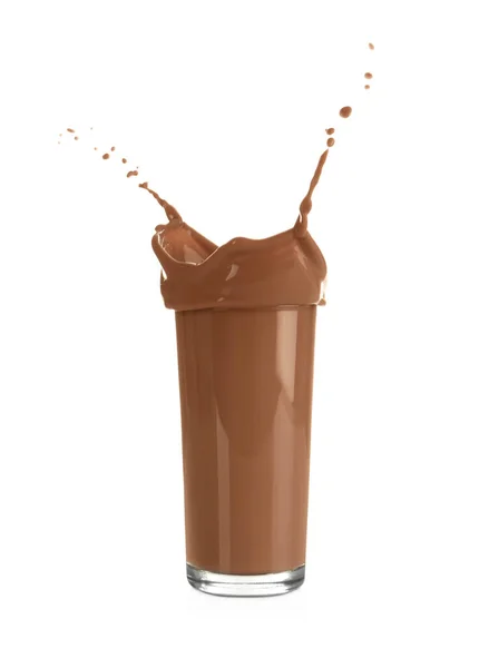Susu Coklat Yang Lezat Percikan Dari Kaca Diisolasi Pada Putih — Stok Foto
