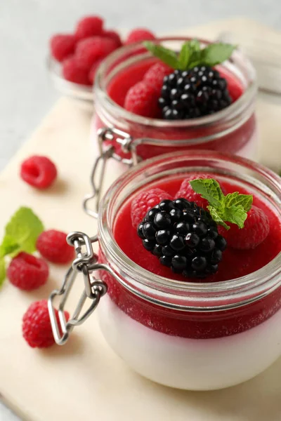Delicious Panna Cotta Fruit Coulis Fresh Berries Table Closeup — Stock Photo, Image