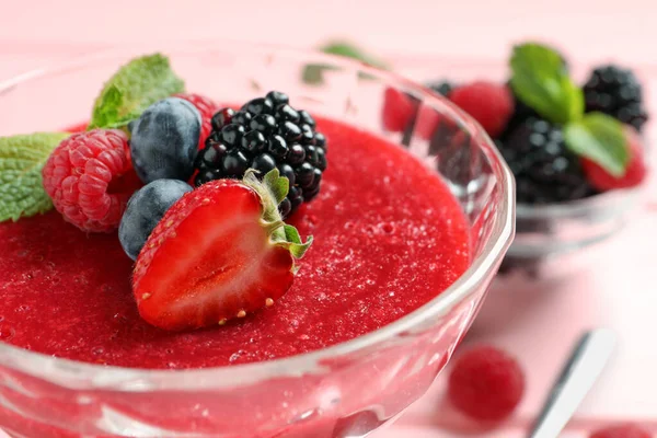 Delicious Panna Cotta Fruit Coulis Fresh Berries Mint Dessert Bowl — Stock Photo, Image