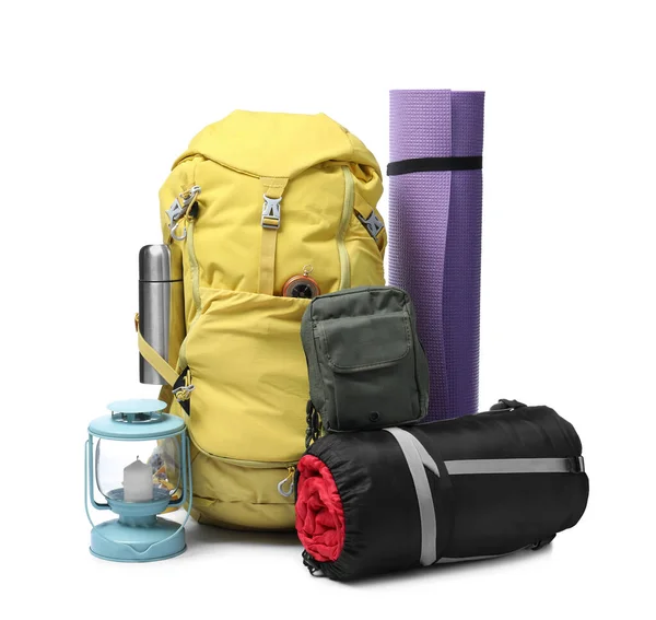 Conjunto Equipamentos Acampamento Para Turista Fundo Branco — Fotografia de Stock