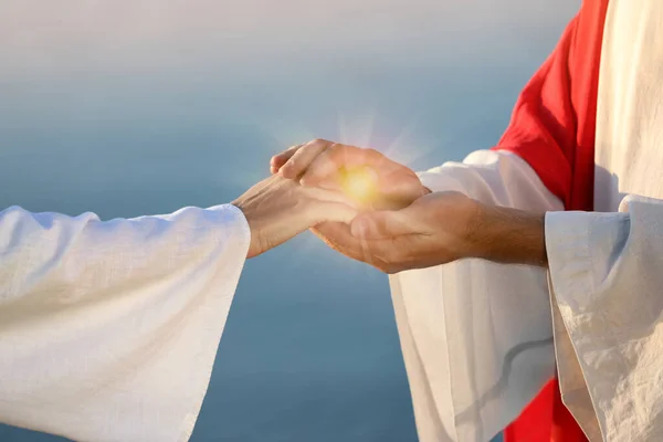 Jesus Christus Und Frau Wasser Freien Nahaufnahme Wundersames Licht Den — Stockfoto