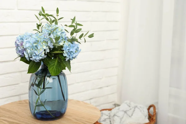 Beautiful Blue Hortensia Flowers Vase Table Indoors Space Text — Stock Photo, Image