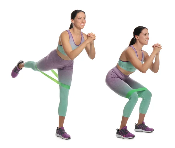 Žena Dělá Sportovní Cvičení Fitness Elastické Pásky Bílém Pozadí Koláž — Stock fotografie