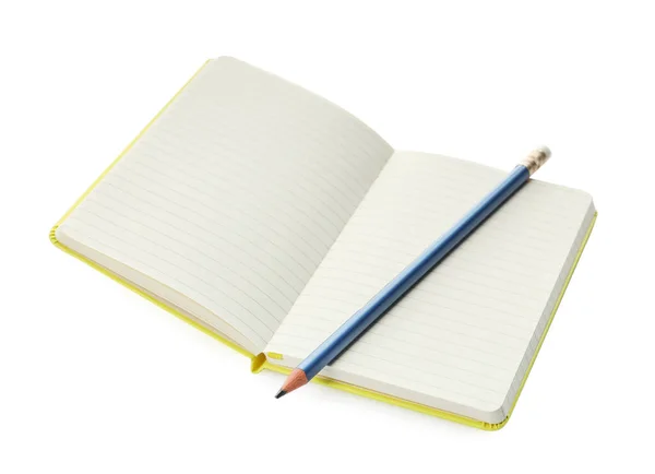 Caderno Aberto Elegante Com Folhas Branco Lápis Isolado Branco — Fotografia de Stock