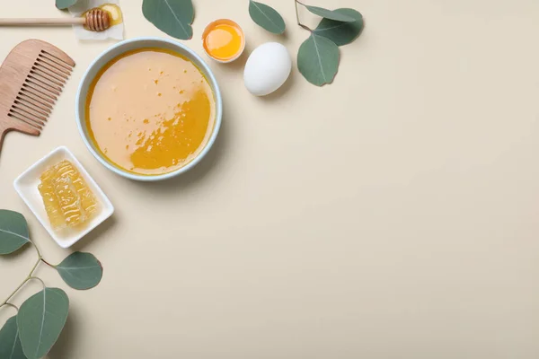 Mascarilla Para Cabello Casera Tazón Ingredientes Peine Bambú Sobre Fondo — Foto de Stock