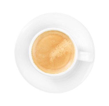 Bir fincan nefis kahve, beyaz, üst manzara.