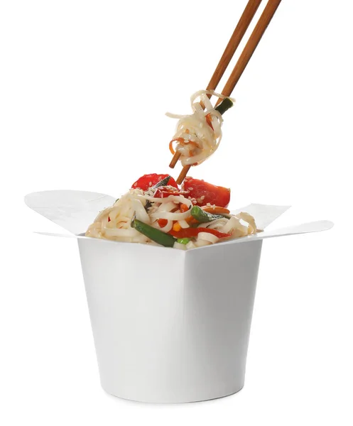 Eating Vegetarian Wok Noodles Chopsticks Box Isolated White — Stock Photo, Image