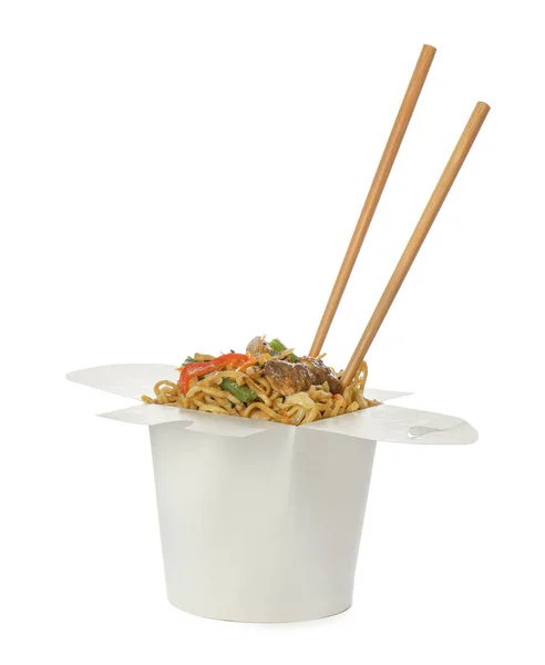 Box Wok Noodles Vegetables Meat Chopsticks Isolated White — Stock Photo, Image