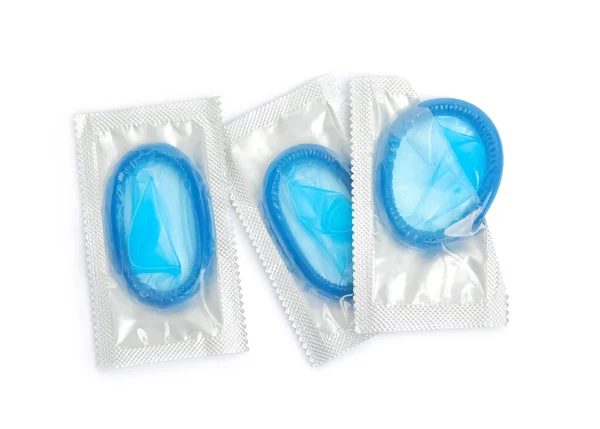 Condom Packages White Background Top View Safe Sex — Stock Photo, Image