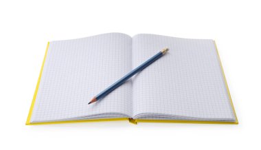 Boş sayfalar ve beyaz üzerine izole edilmiş kalemle defteri aç