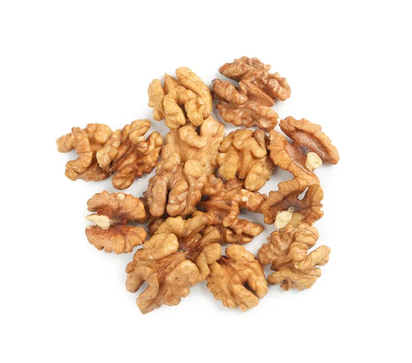 Pile Peeled Walnuts White Background Top View — Stock Photo, Image