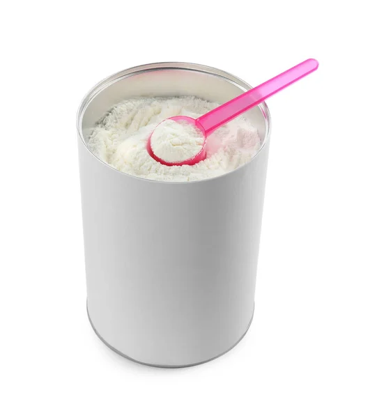 Blank Burk Med Pulveriserad Modersmjölksersättning Med Skopa Isolerad Vit Mockup — Stockfoto