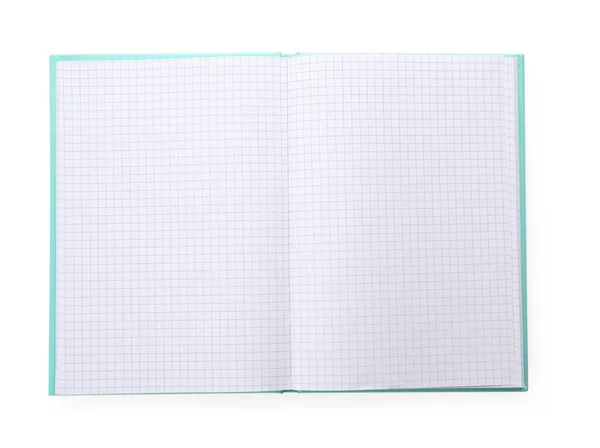 Apri Notebook Con Fogli Vuoti Isolati Bianco Vista Dall Alto — Foto Stock