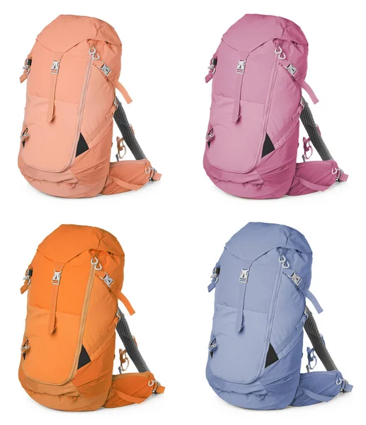 Mochilas Caminhadas Diferentes Fundo Branco Colagem — Fotografia de Stock