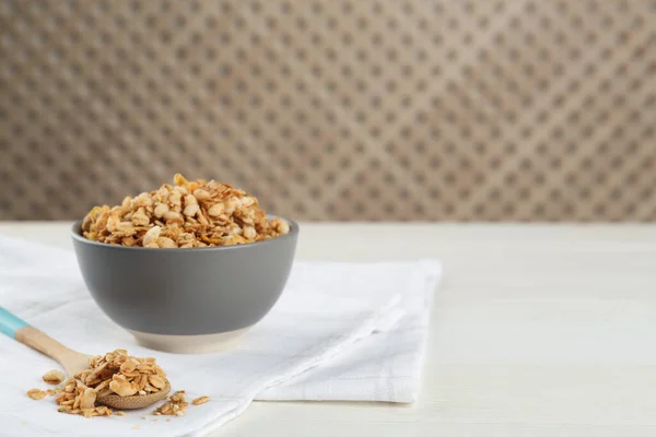 Ceramic Bowl Granola White Wooden Table Space Text Cooking Utensil — Stock Photo, Image