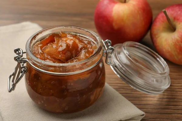 Tasty Apple Jam Glass Jar Fresh Fruits Wooden Table Closeup — Stock Photo, Image