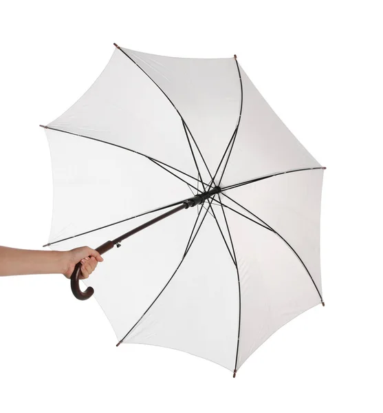 Mulher Com Guarda Chuva Aberto Fundo Branco Close — Fotografia de Stock