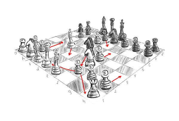 Illustration of board with chess pieces. Strategy for winning