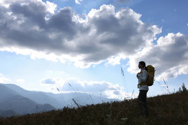 Tourist Backpack Enjoying Mountain Landscape Space Text — Stock Photo, Image