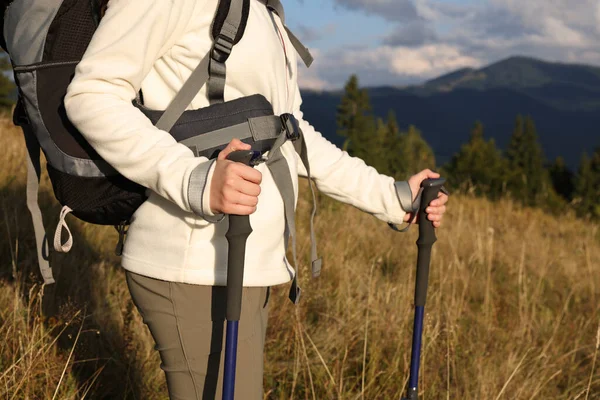 带着背包和远足杆子徒步穿越高山的游客 特写镜头 — 图库照片