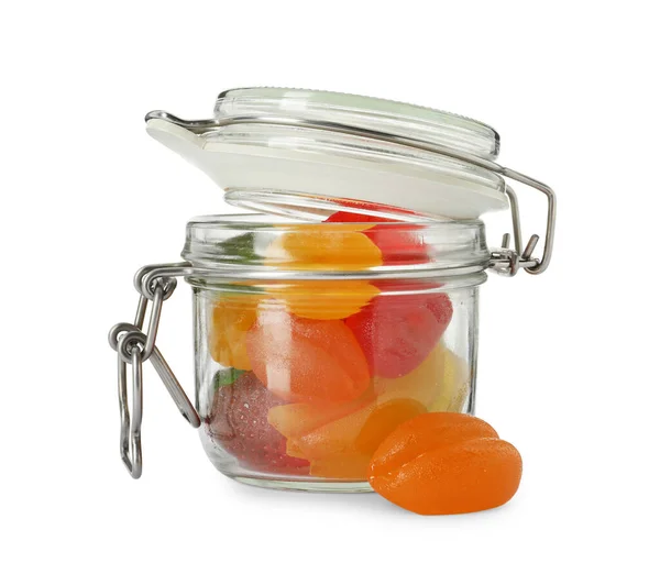 Delicious Gummy Candies Glass Jar White Background — Stock Photo, Image