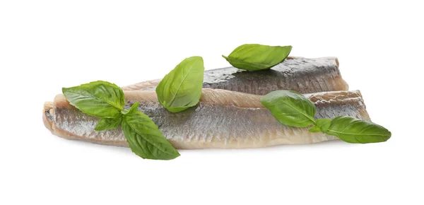 Deliciosos Filetes Arenque Salgado Com Manjericão Sobre Fundo Branco — Fotografia de Stock