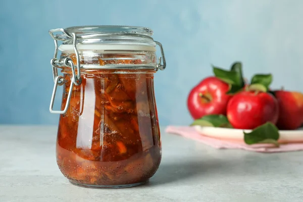 Tasty Apple Jam Glass Jar Fresh Fruits Light Table Space — Stock Photo, Image
