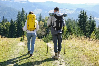 Sırt çantalı ve sırıkla tepenin arkasında yürüyen çift. Dağ turizmi