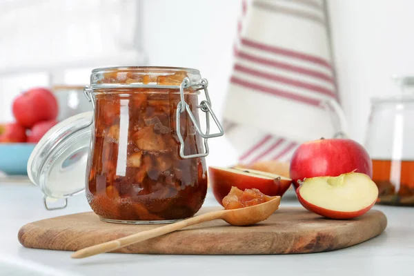 Delicious Apple Jam Fresh Fruits White Table — Stock Photo, Image