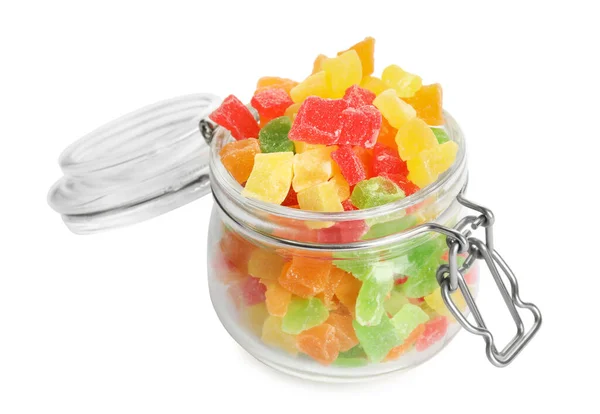 Mix Delicious Candied Fruits Jar Isolated White — Stock Photo, Image