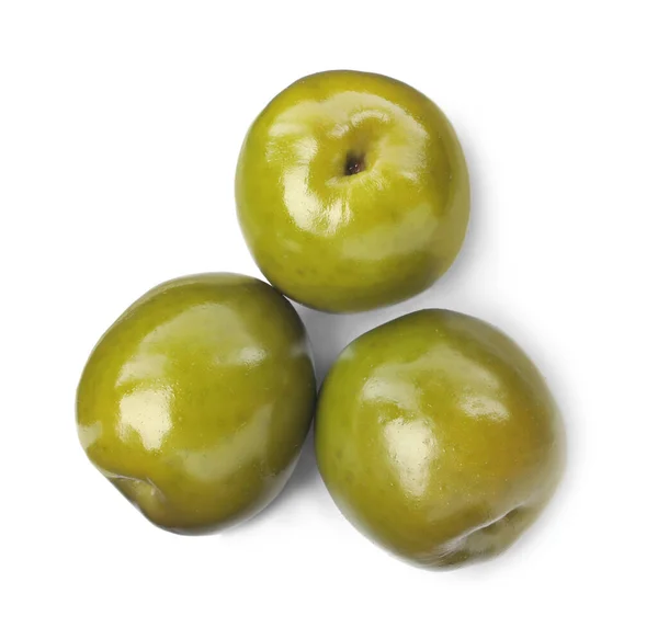 Три Свіжих Зелених Оливки Білому Тлі Вид Зверху — стокове фото