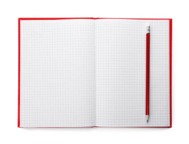 Boş sayfaları ve beyaz kalemle izole edilmiş üst görünümü olan açık bir defter.