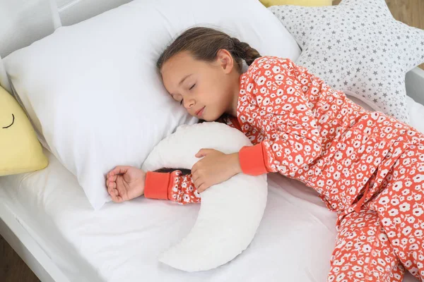 Cute Girl Pajamas Sleeping Moon Shaped Pillow Home — Stock Photo, Image