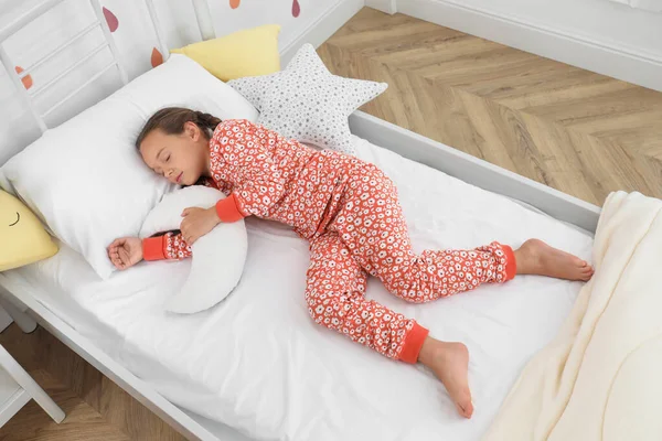 Cute Girl Pajamas Sleeping Moon Shaped Pillow Home — Stock Photo, Image