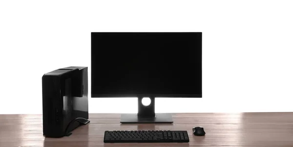 Computador Moderno Com Tela Monitor Branco Periféricos Mesa Madeira Contra — Fotografia de Stock