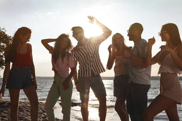 Gruppo Amici Che Divertono Vicino Fiume Alla Festa Estiva — Foto Stock