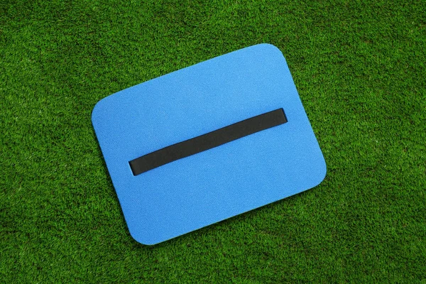 Blue Foam Seat Mat Tourist Green Grass Top View — Stock Photo, Image