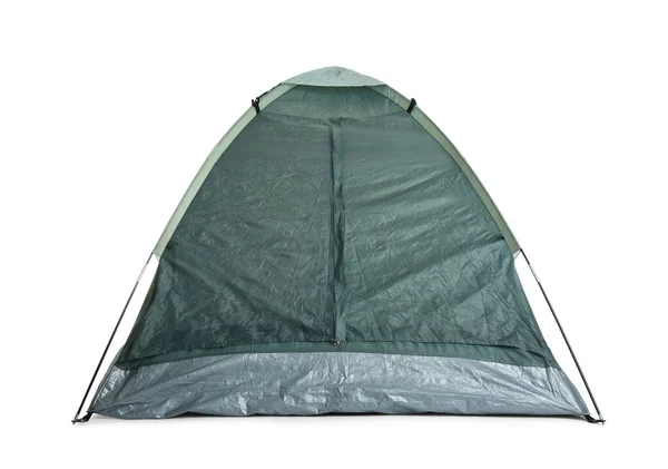 白を背景にした快適な濃い緑のキャンプテント — ストック写真