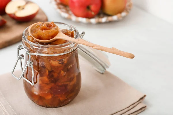 Delicious Apple Jam Jar Wooden Spoon Table — Stock Photo, Image